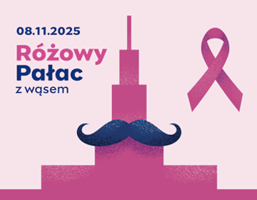 Grafika promująca konferencję Różowy Pałac z Wąsem. Na ilustracji widoczny jest różowy Pałac Kultury i Nauki z granatowym wąsem i różowa wstążka, symbole profilaktyki nowotworów  kobiet i mężczyzn.